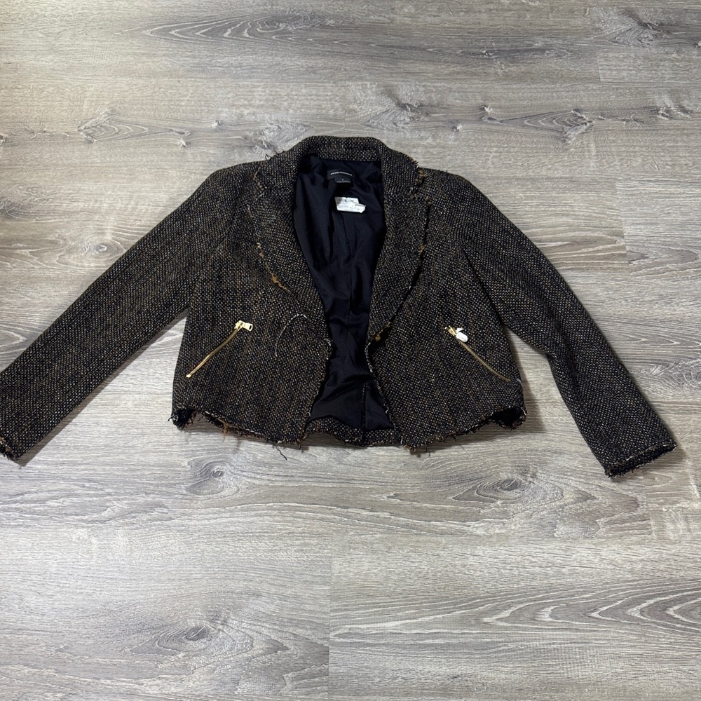 Club Monaco Black Tweed Blazer with Gold Zipper Accents